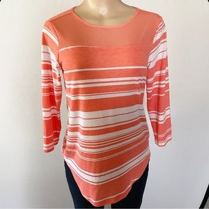 Bobbie Brooks Blouse Top S Peach White Stripe Print Polyester Stretch